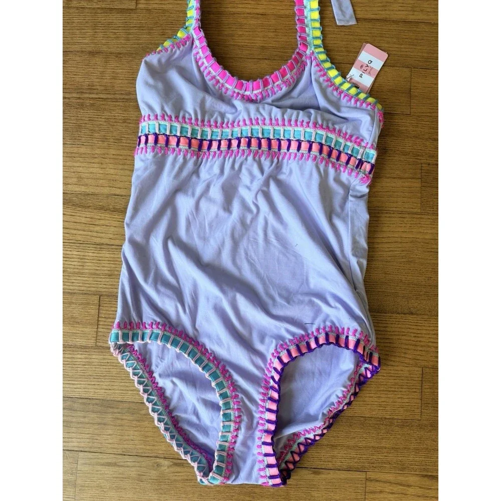 NWT Pilyq PQ 1 Piece Swimsuit Girls 14 Purple Halter Tie Stitched Hem $76 MSRP